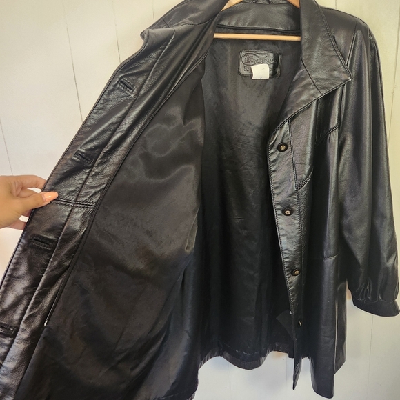 Vintage Black Leather Coat Jacket Midi 90s 1990s Womens Size 1X Loose Oversized - Picture 5 of 15